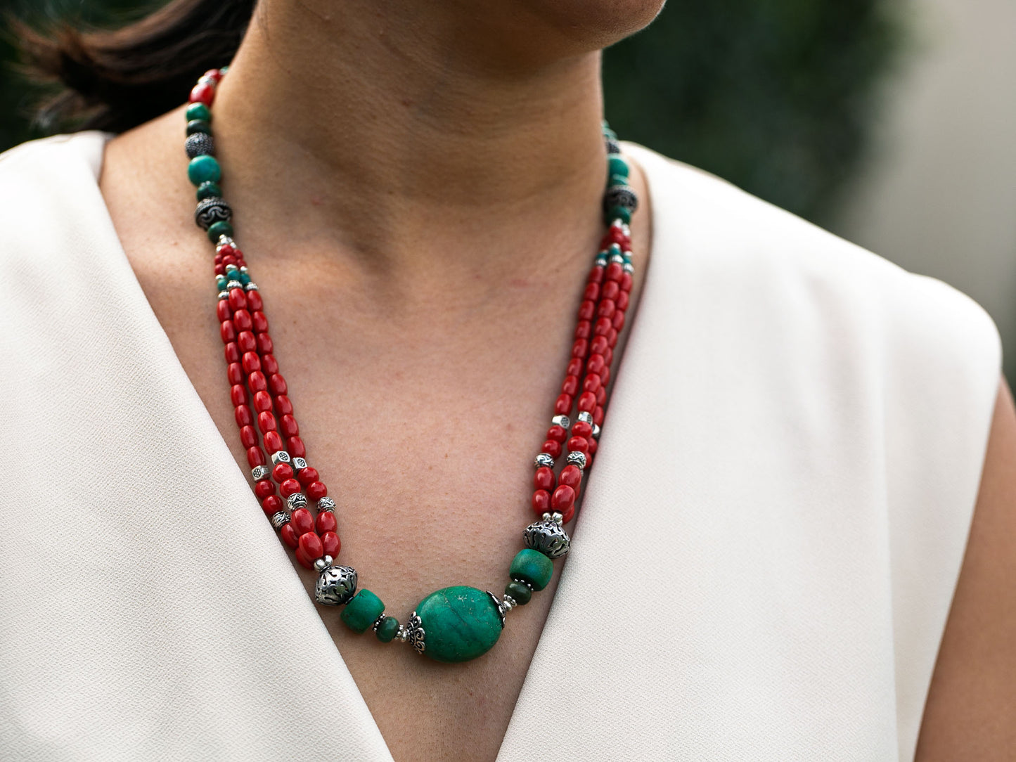 Turquoise and Coral Necklace in Tibetan Design