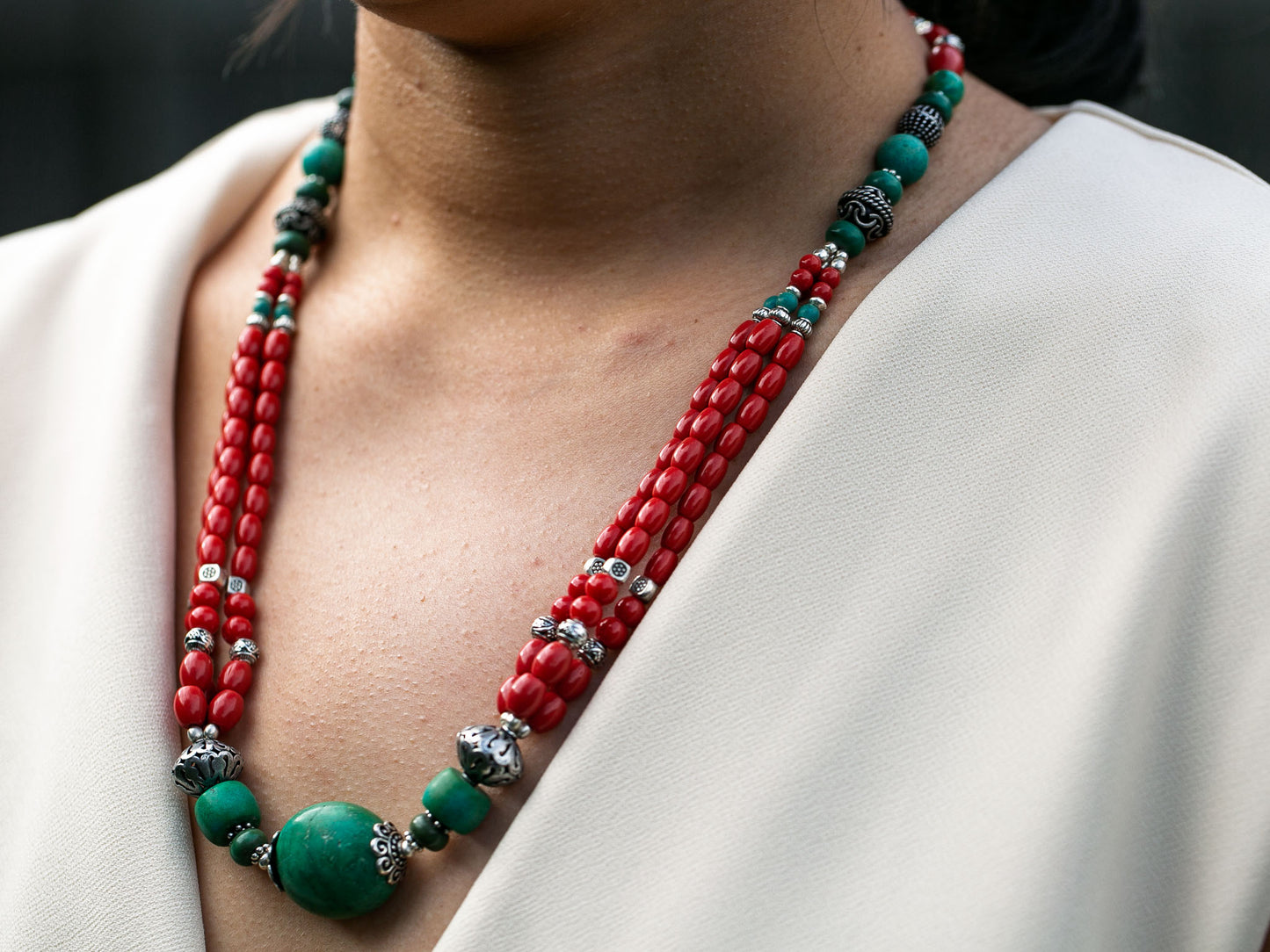 Turquoise and Coral Necklace in Tibetan Design