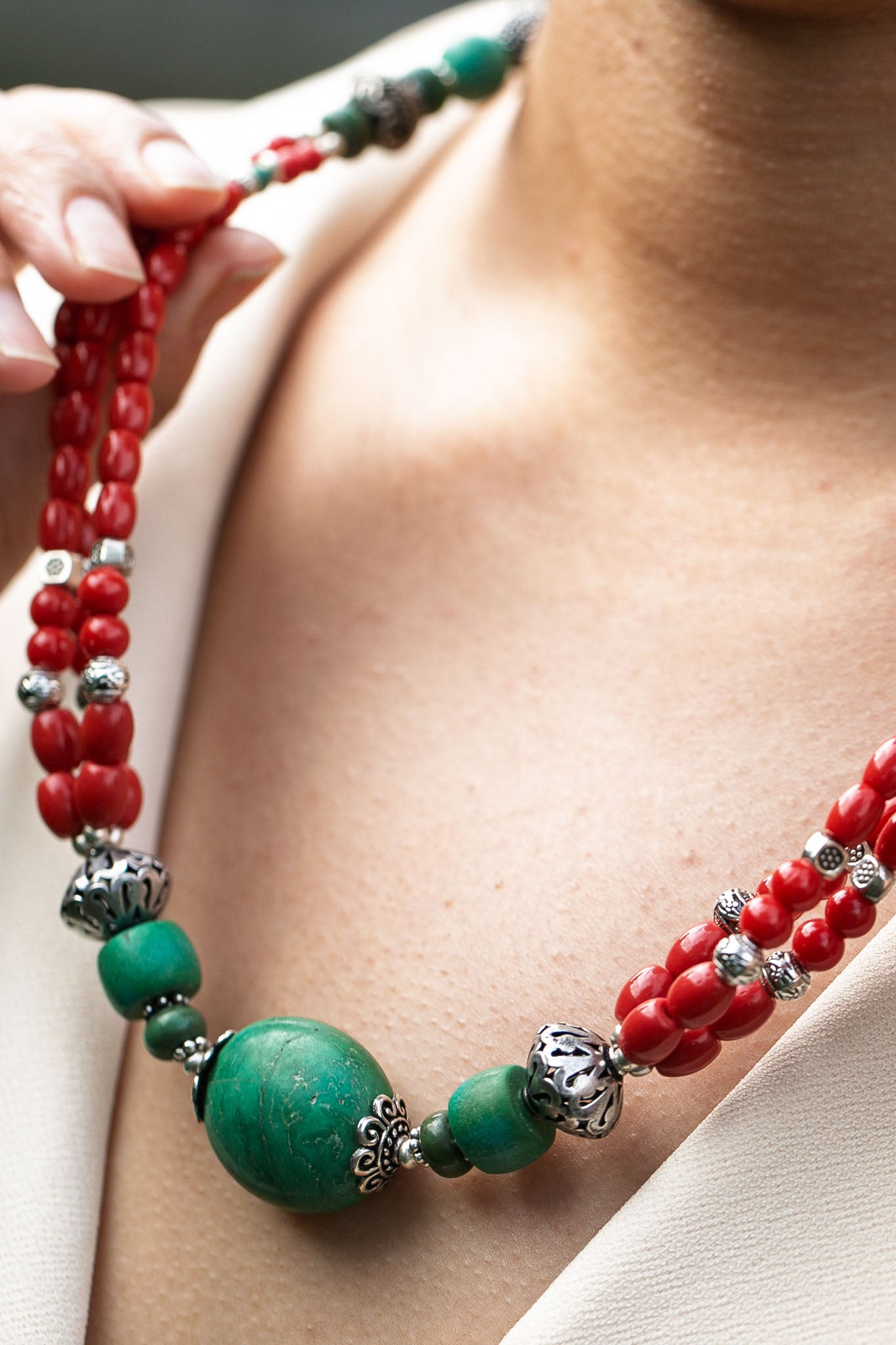 Turquoise and Coral Necklace in Tibetan Design