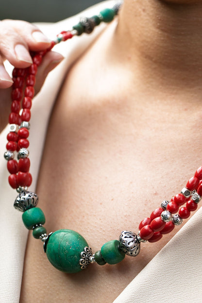 Turquoise and Coral Necklace in Tibetan Design