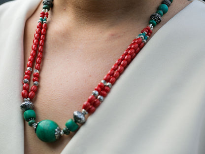 Turquoise and Coral Necklace in Tibetan Design