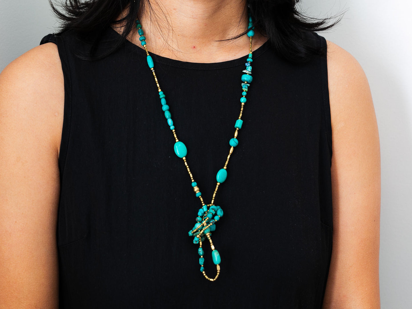 Extra Long Turquoise and Gold Wrap Necklace