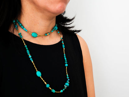 Extra Long Turquoise and Gold Wrap Necklace