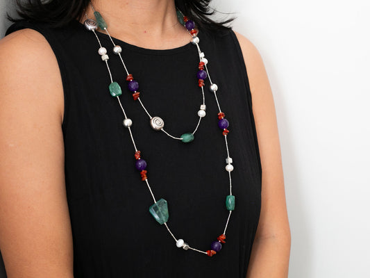 Extra Long Gemstone and Silver Wrap Necklace #2