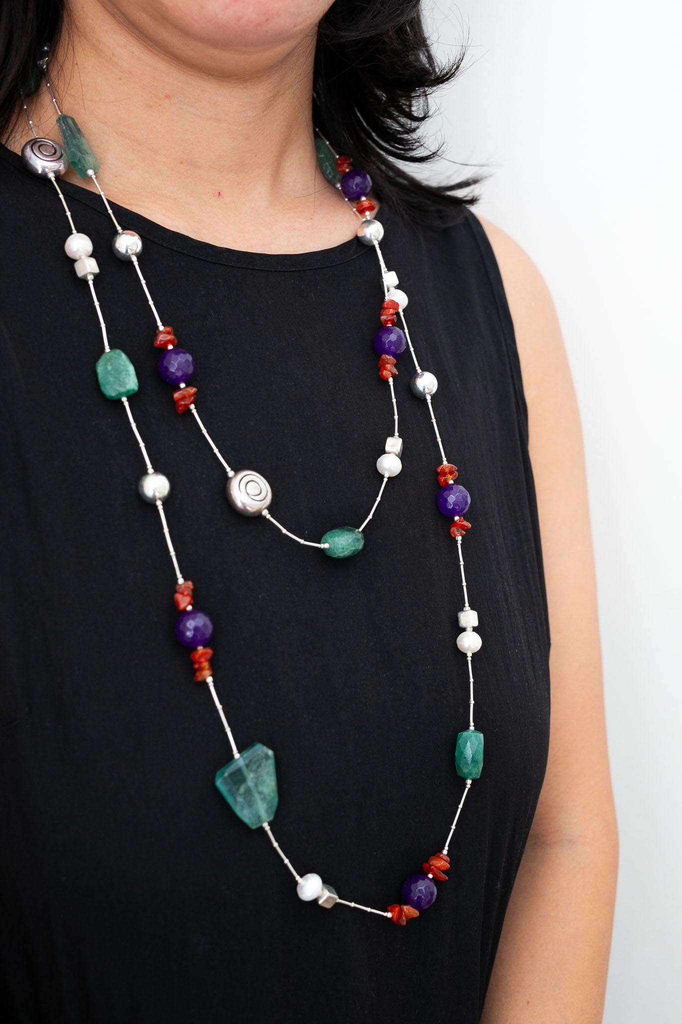 Extra Long Gemstone and Silver Wrap Necklace #2