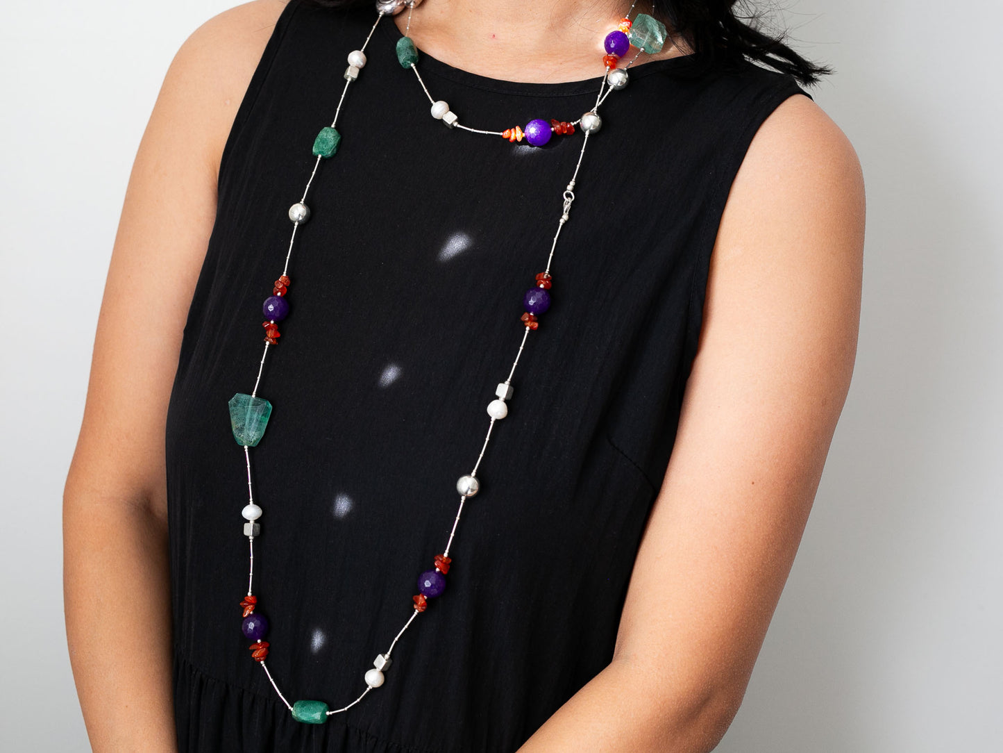Extra Long Gemstone and Silver Wrap Necklace #2