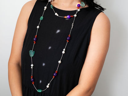 Extra Long Gemstone and Silver Wrap Necklace #2