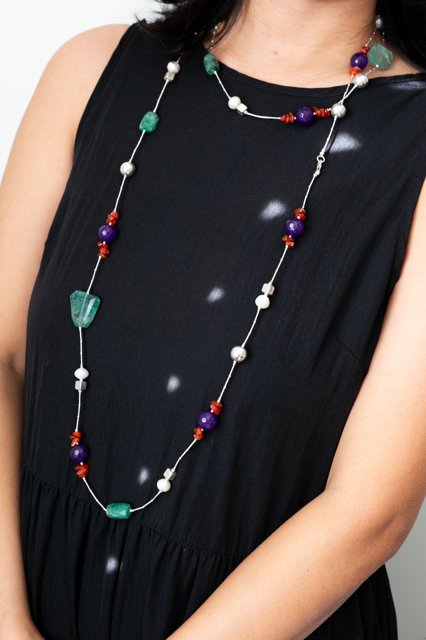 Extra Long Gemstone and Silver Wrap Necklace #2