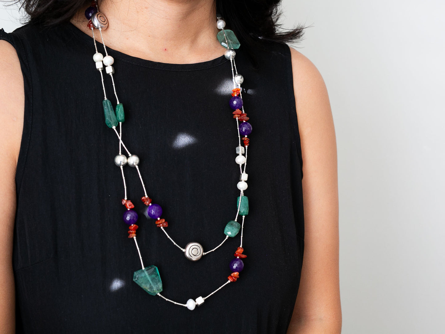 Extra Long Gemstone and Silver Wrap Necklace #2