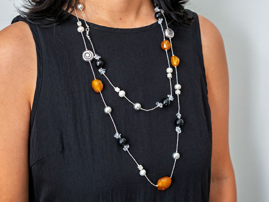 Extra Long Gemstone and Silver Wrap Necklace #1