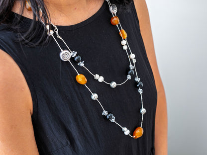 Extra Long Gemstone and Silver Wrap Necklace #1