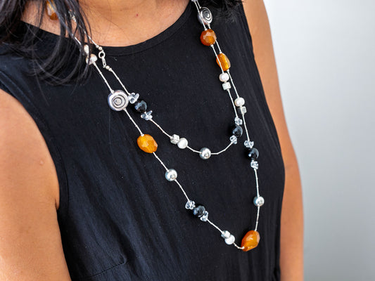 Extra Long Gemstone and Silver Wrap Necklace #1