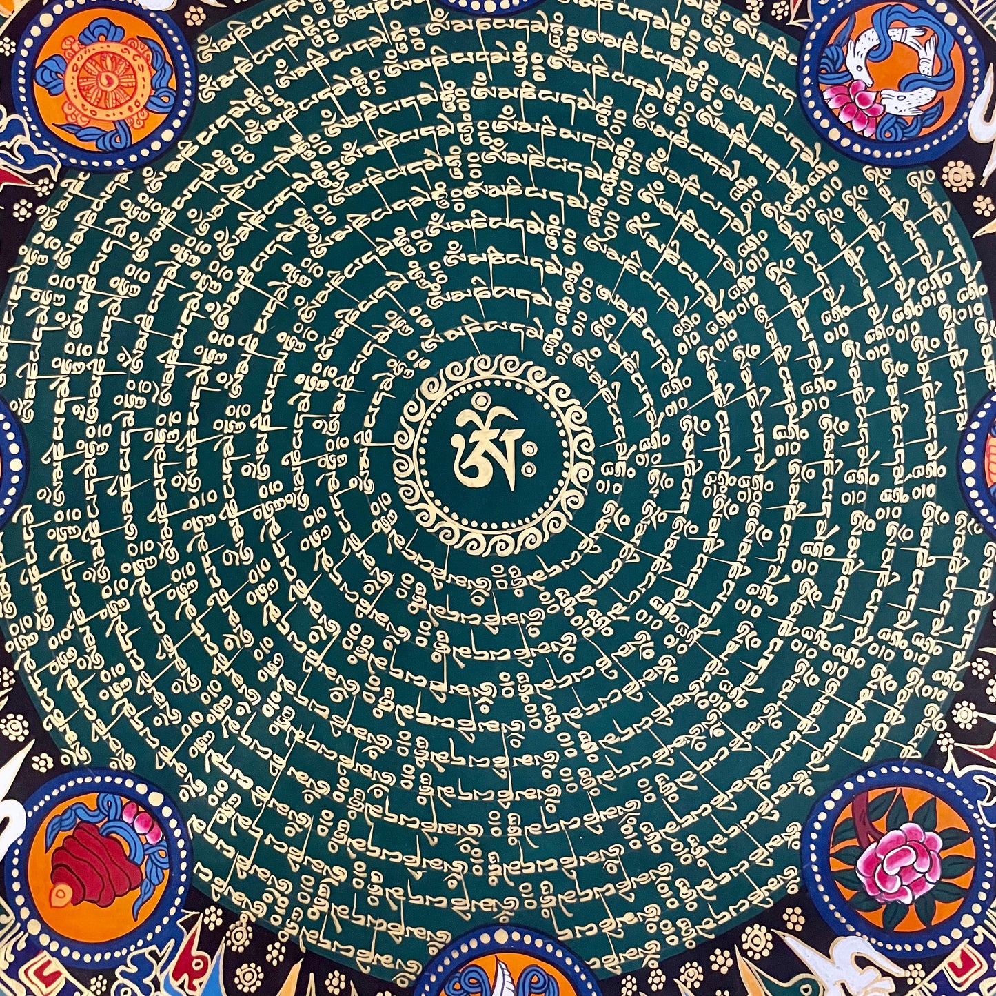 Tibetan Om and 8 Auspicious Symbols Compassion Mandala