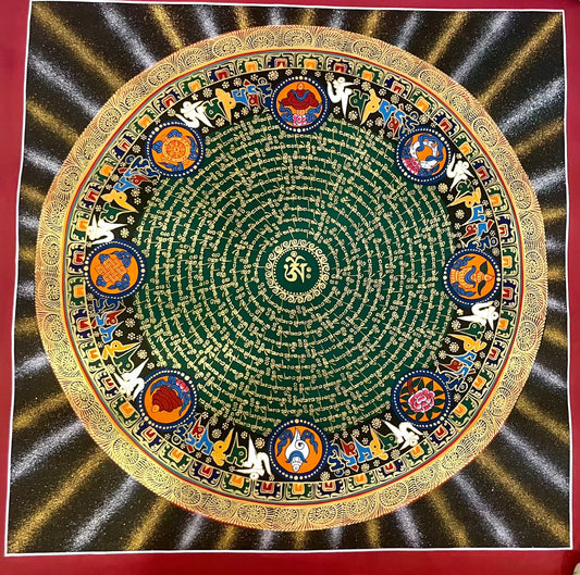 Tibetan Om and 8 Auspicious Symbols Compassion Mandala