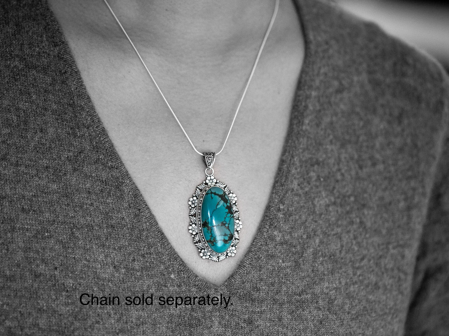 Long Tibetan Turquoise Silver Pendant