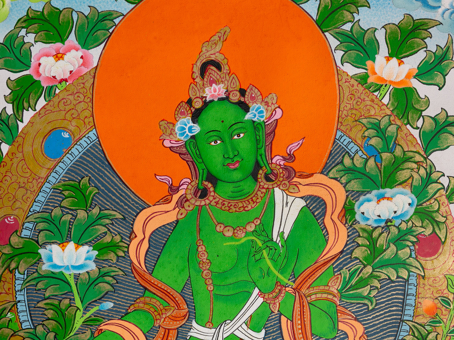 Green Tara Thangka face close up 