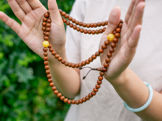 dark lotus seed mala beads held between hands