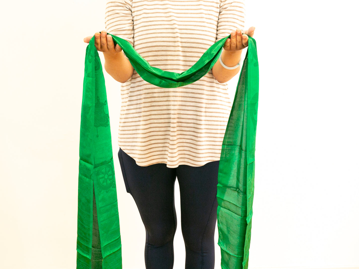 Green khata khada scarf held with open arms