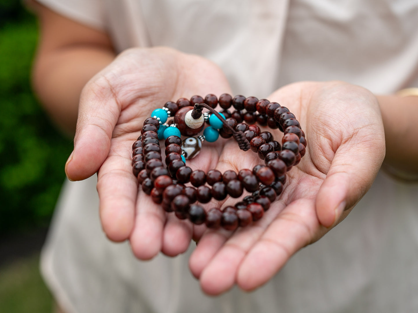 Dzi Rosewood Mala with Turquoise Spacer