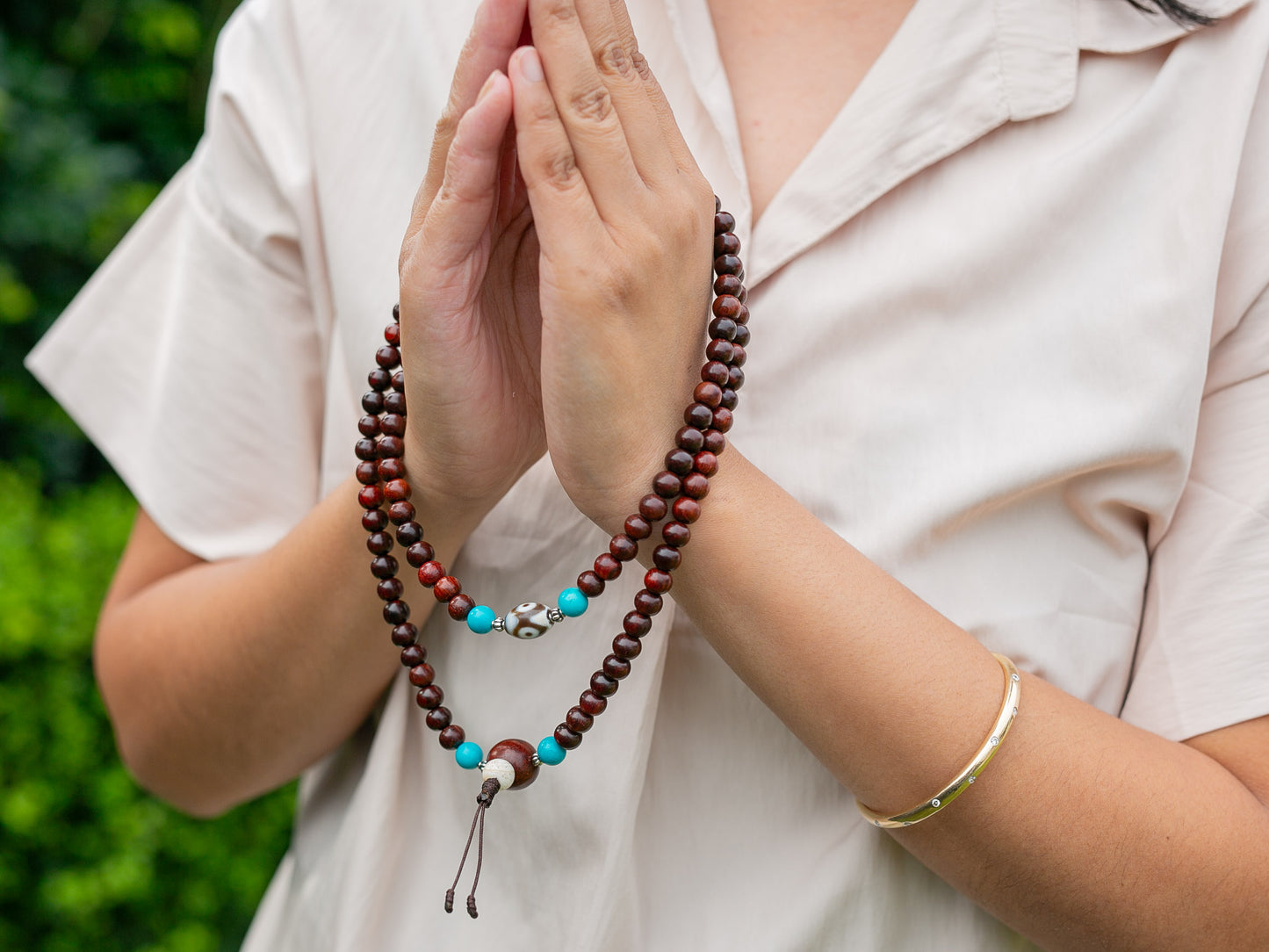 Dzi Rosewood Mala with Turquoise Spacer