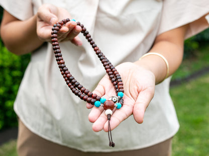 Dzi Rosewood Mala with Turquoise Spacer