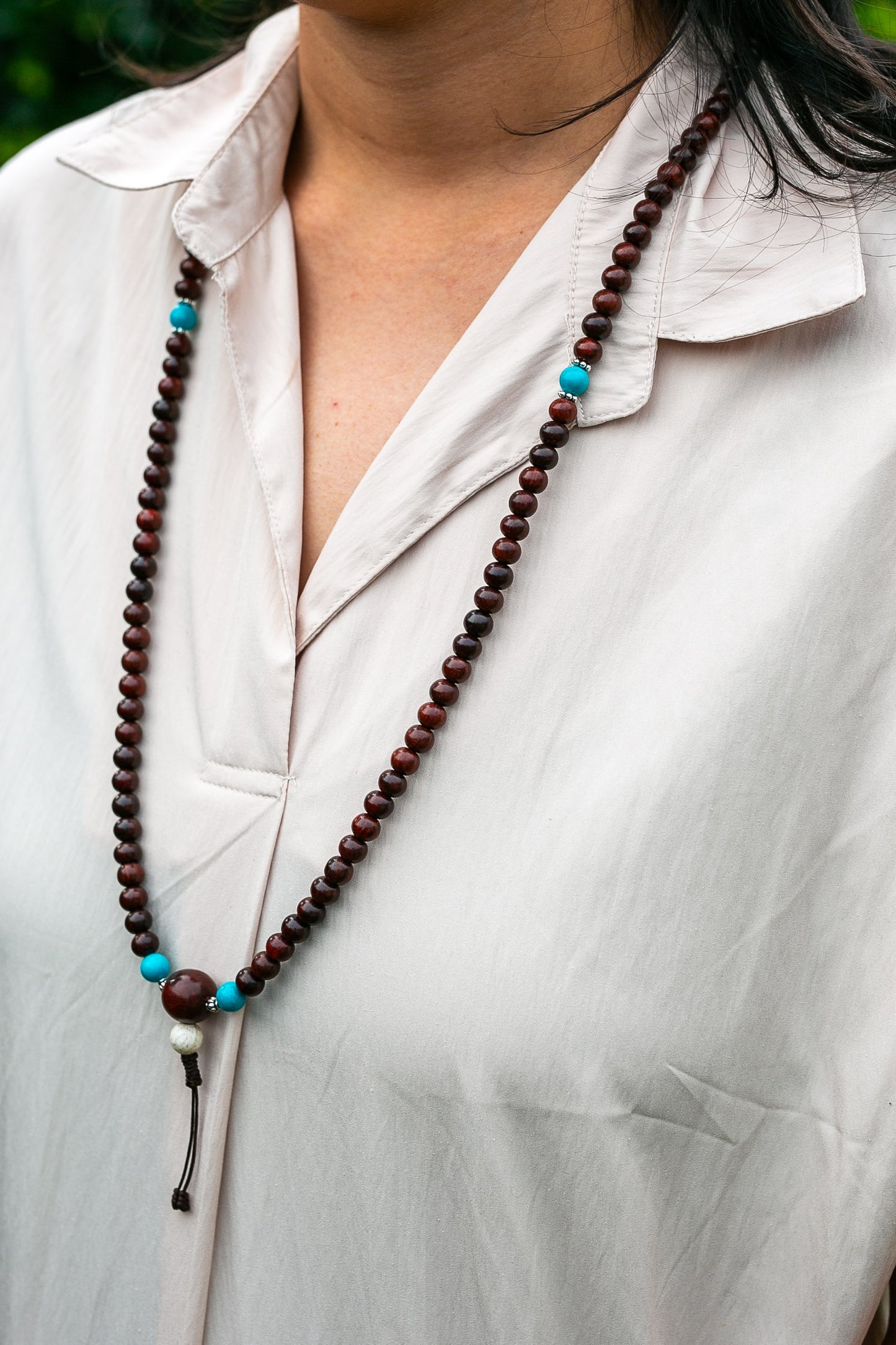 Dzi Rosewood Mala with Turquoise Spacer