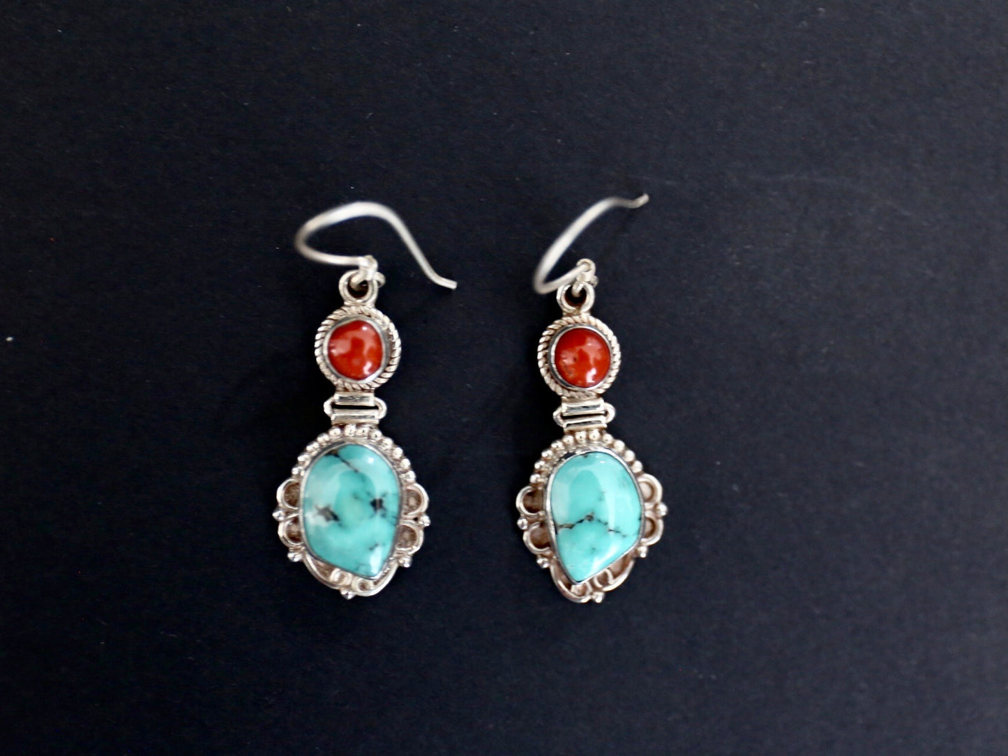 Tibetan Coral and Turquoise Silver earring