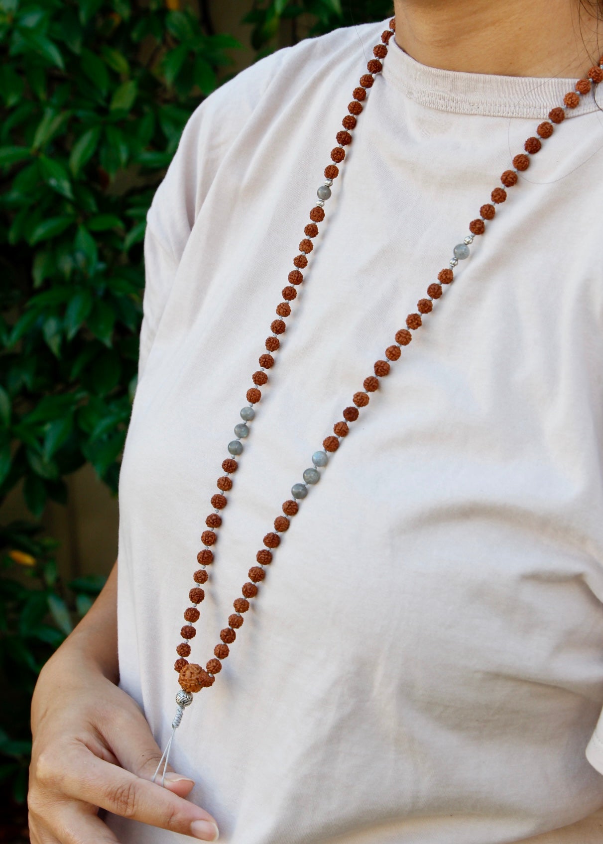 Custom rudraksha 108 mala worn around neck