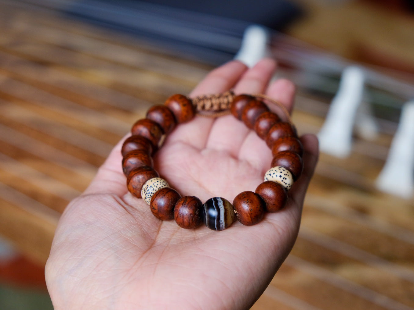 Bodhi mala bracelet with agate and lotus seed spacer beads 