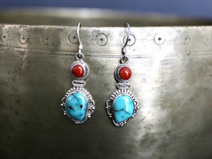 Tibetan Coral and Turquoise Silver earring