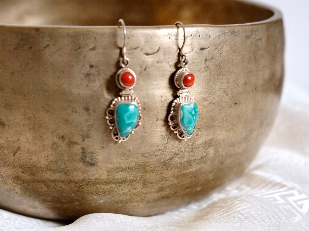 Tibetan Coral and Turquoise Silver earring