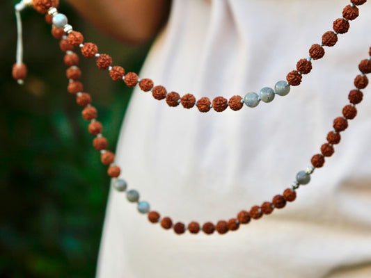 Knotted rudraksha mala showing contrast with labradorite beads