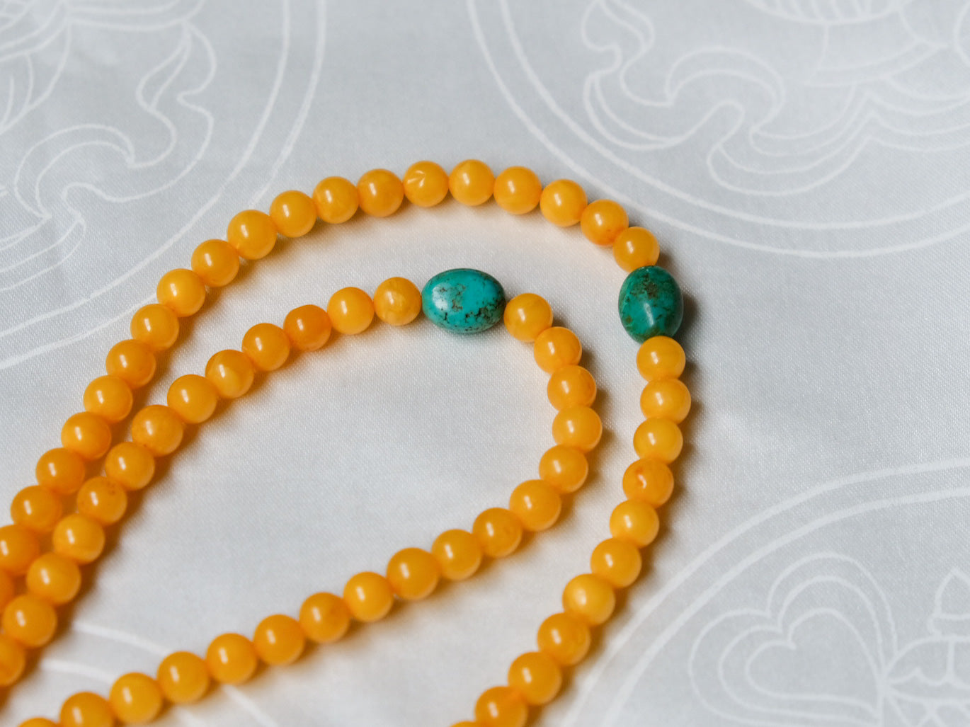 108 Bead Amber Mala with Tibetan Turquoise and DziRi