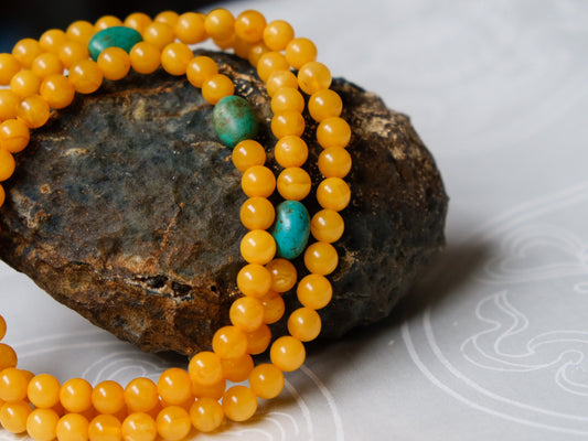 108 Bead Amber Mala with Tibetan Turquoise and DziRi