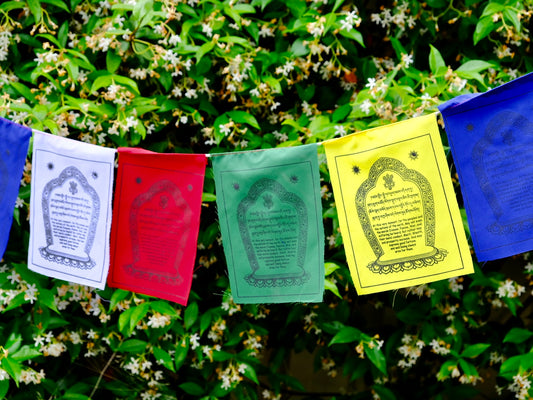 World peace Tibetan prayer flags hung up in garden.