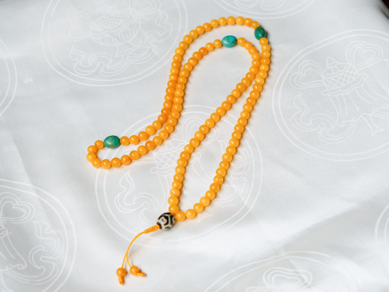 108 Bead Amber Mala with Tibetan Turquoise and DziRi