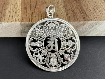 Om and 8 Auspicious Symbols Silver Pendant