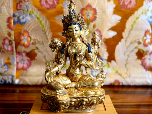 8" Gold plated tara statue from front