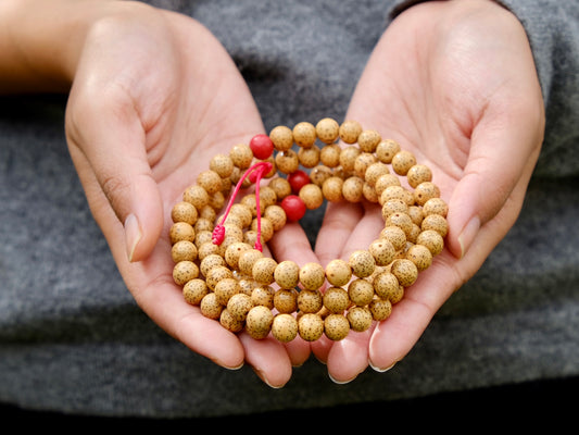 lotus seed mala with coral spacer in Kunga's hand