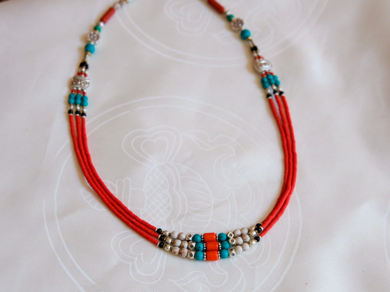 3 Line Coral and Turquoise Necklace