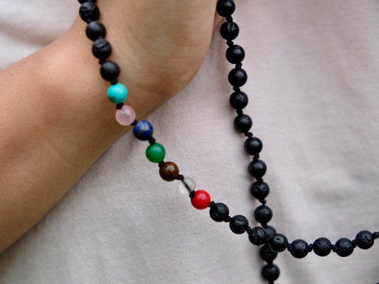 108 bead Knotted Chakra and Lavastone Mala