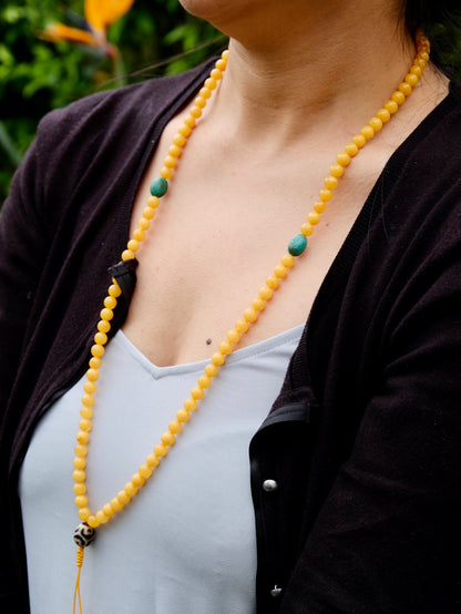 108 Bead Amber Mala with Tibetan Turquoise and DziRi