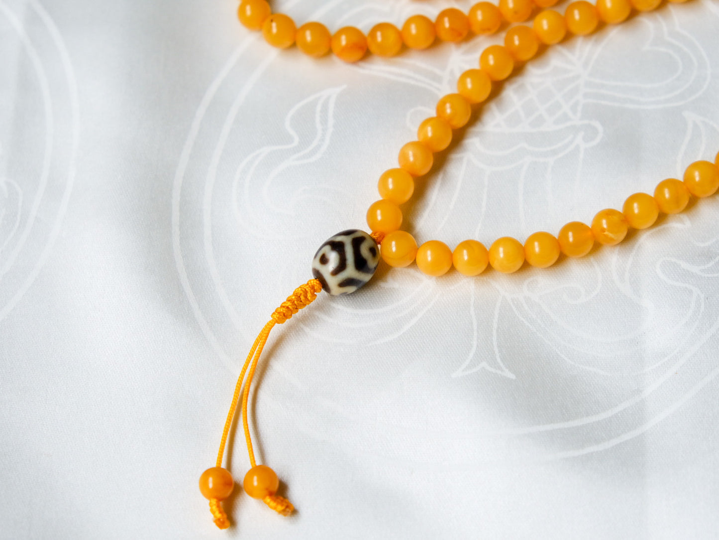 108 Bead Amber Mala with Tibetan Turquoise and DziRi