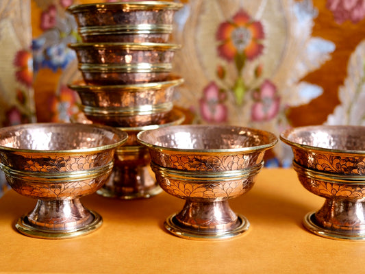 Set of 7 Copper Water offering bowls with stand 