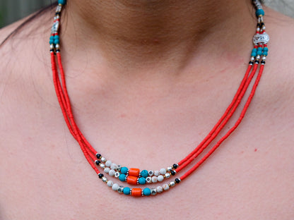 3 Line Coral and Turquoise Necklace