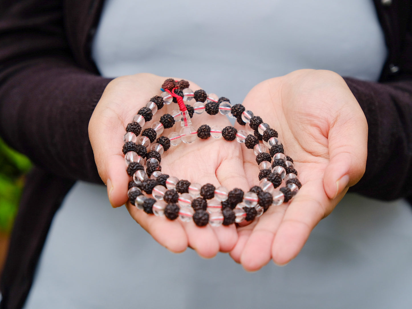 Dark Rudraksha and Crystal Mala