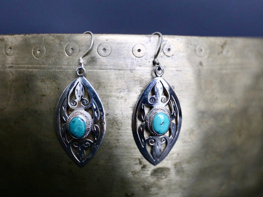 Sterling Silver and turquoise Tibetan earring closeup photo 