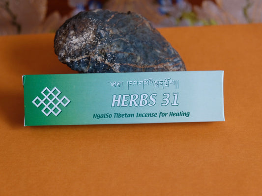 Packet of Herbs 31 Tibetan incense resting against grey rock.